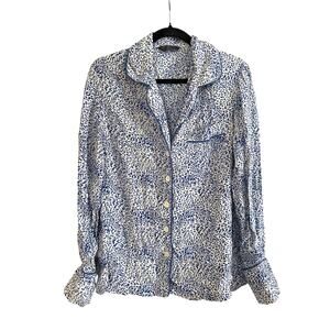 THREE J NYC Silk Blue White Cheetah Leopard Print Pajama Top Shirt - Sz Small